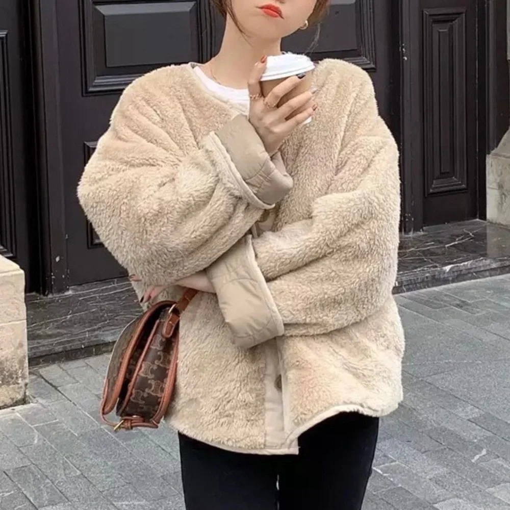 Coat jacket reversible cozy khaki beige tan pocket quilted puffer pocket women - Picture 5 of 15